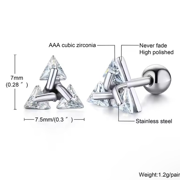 Men Stud Earring ,Triangle Pierced Crystal Zircon Stud Sleeper Stud - Picture 2 of 5